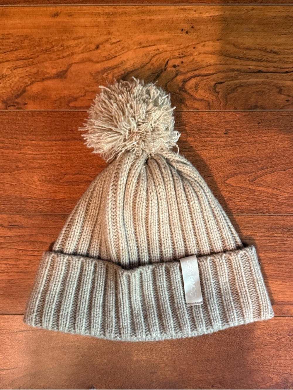 Calvin Klein Cream/Tan Ribbed Pom Beanie Hat